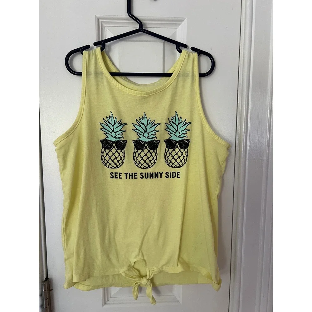 Justice Girls Yellow Pineapple Graphic Tie-Front Tank Top Size 12 See Sunny Side